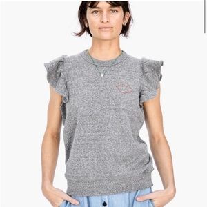 CLARE V. Ruffle Sweatshirt Vest with Red Lip Embroidery Gray Size LARGE